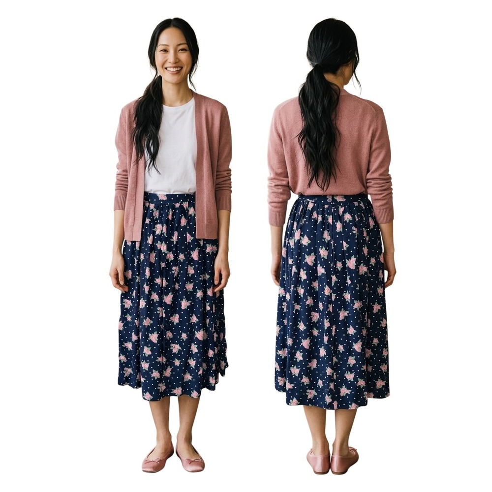Susan Bristol Petite Vintage Blue Floral Modest Midi Skirt Pink Roses Sz 10P